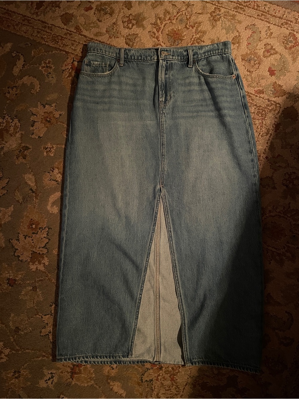 Old Navy Blue Straight-Leg Denim Midi Skirt with Front Slit